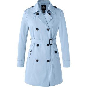 Women's Waterproof Trench Coat Classic Lapel Outerwear Coat with Belt-Light Blue